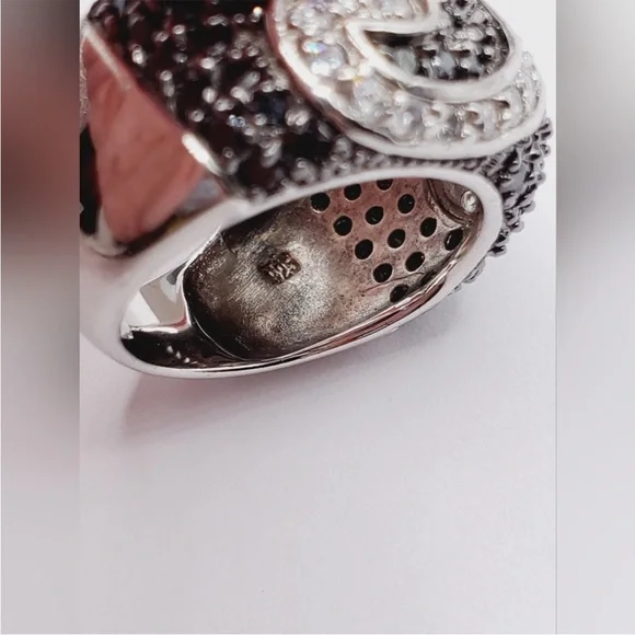 Black & White Diamond Simulant 925 Sterling Silver Rhodium Statement Design Ring - Picture 6 of 6